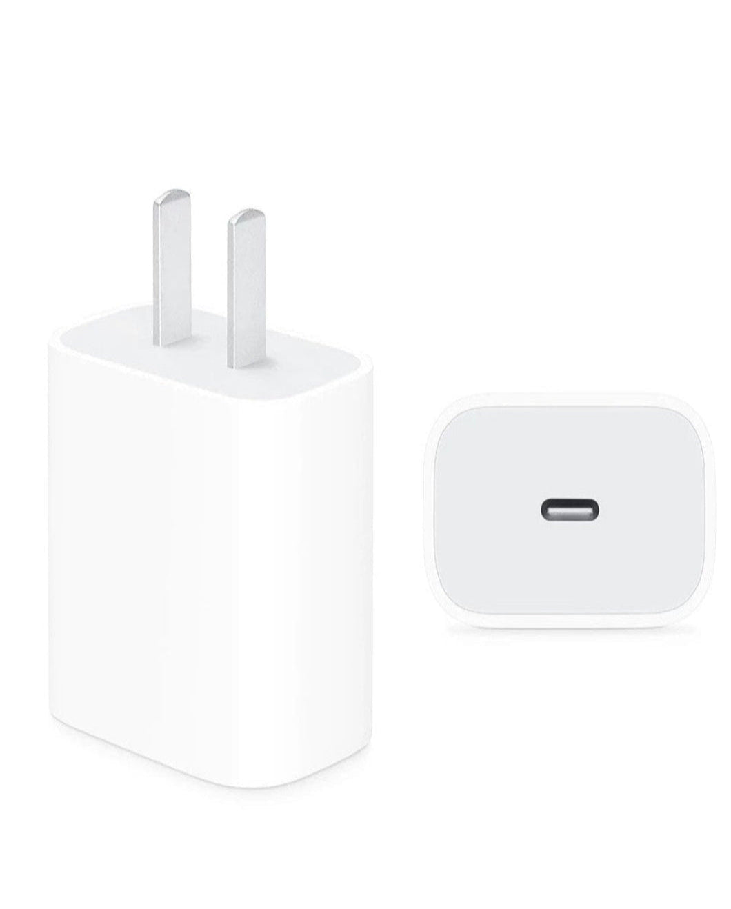 White USB-C wall adapter on a white background