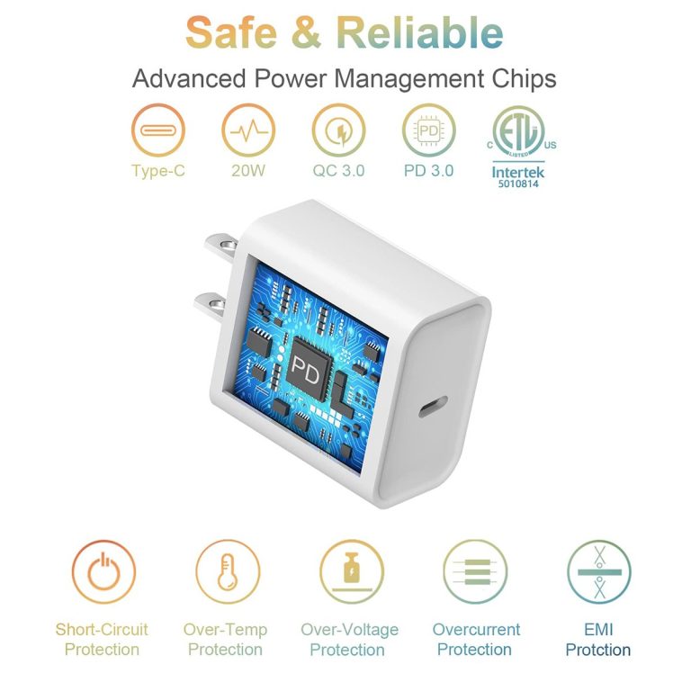 Power adapter with circuit board display and safety feature icons on a white background