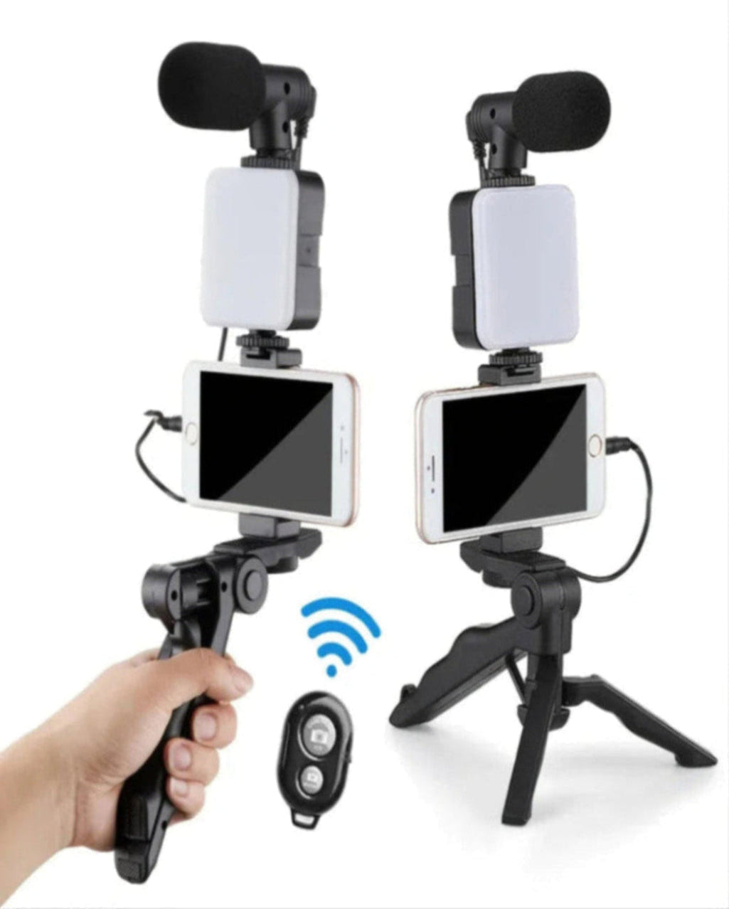 Two smartphone holders with microphones and a remote control on a white background