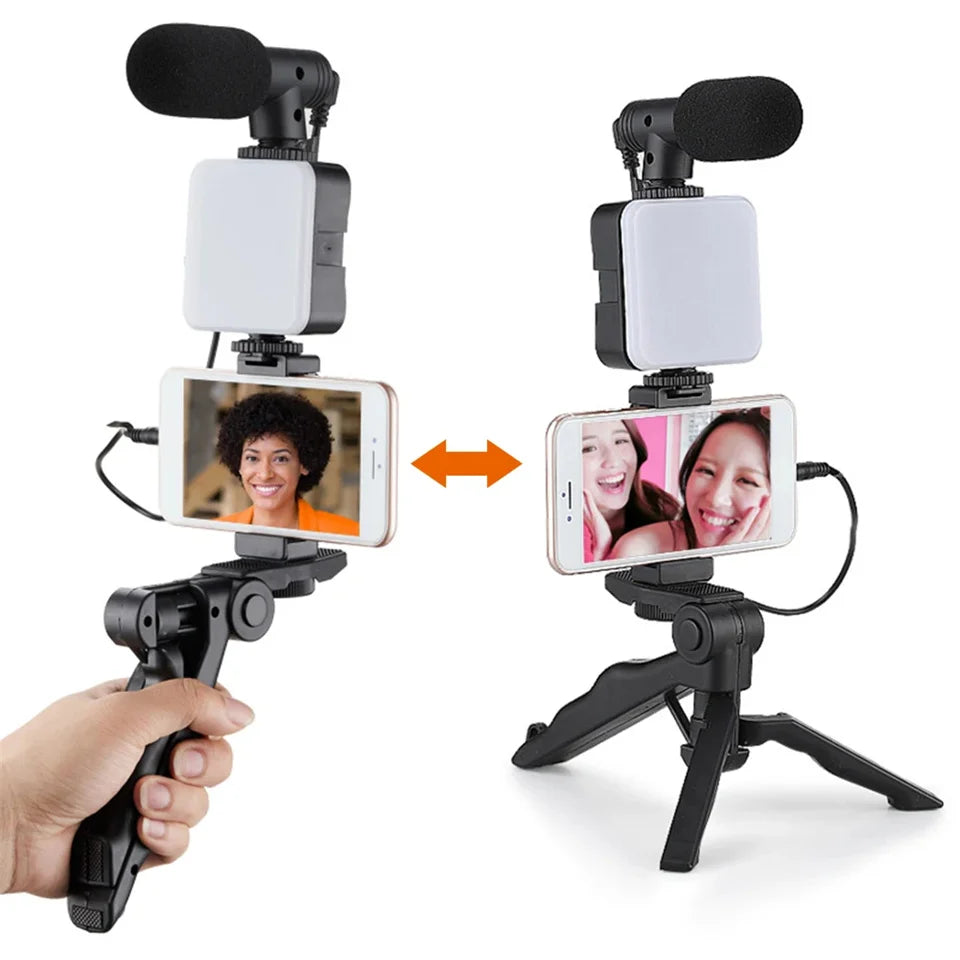 Phone holder with microphone and light on a white background